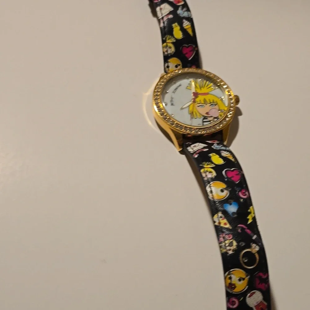 Betsey Johnson Gold Cartoon Watch with Black Strap
